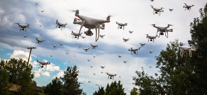 A whole lot of drones in the sky above trees